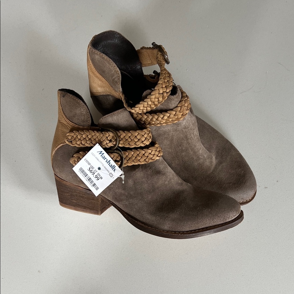 rebels Taupe Suede Braided Strap Ankle Booties